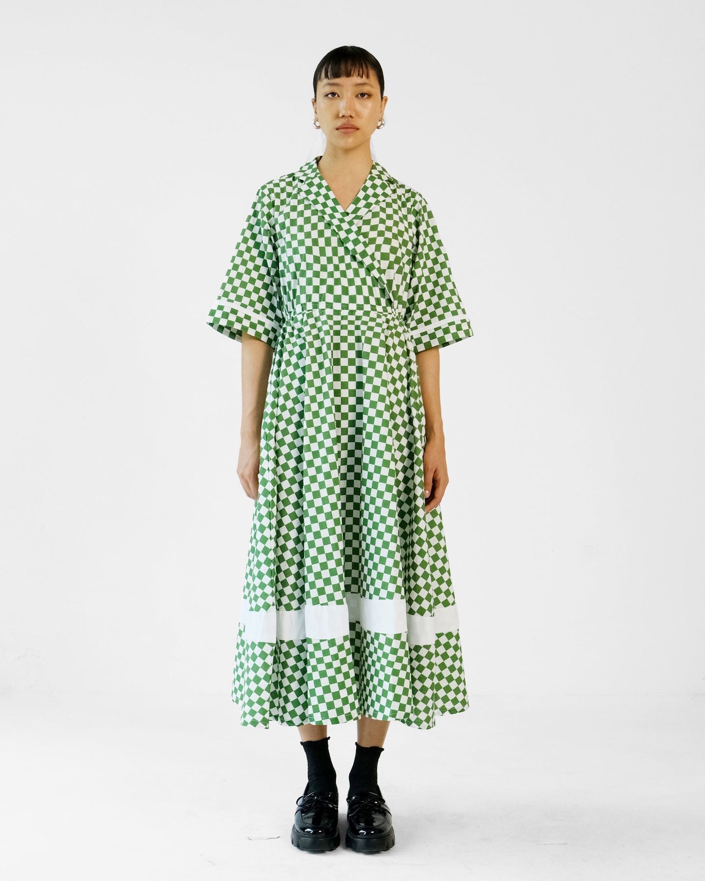 Green Checks Printed Cotton Cuban Collar Dress