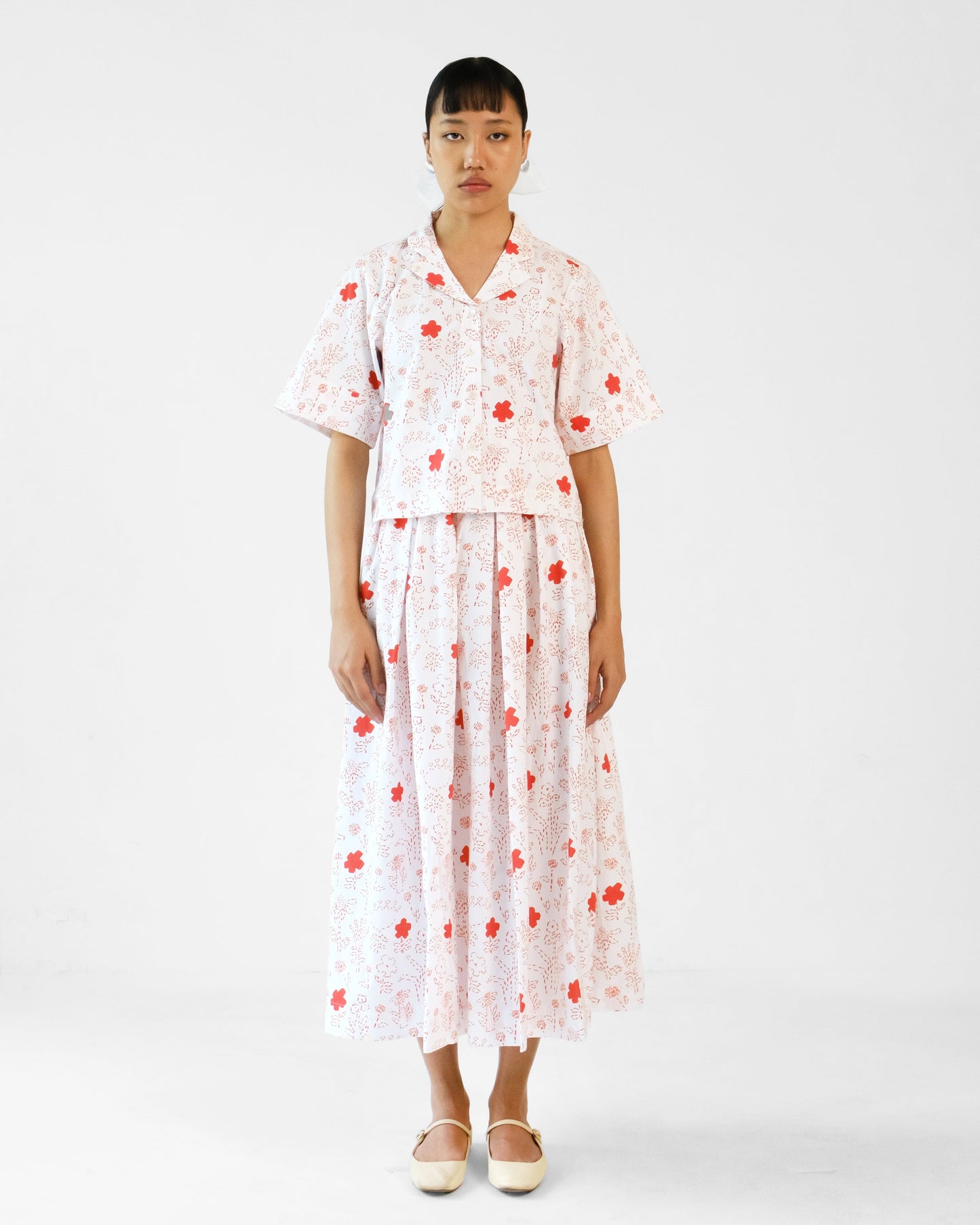 White and Red Printed Cotton Shirt Skirt Set of 2