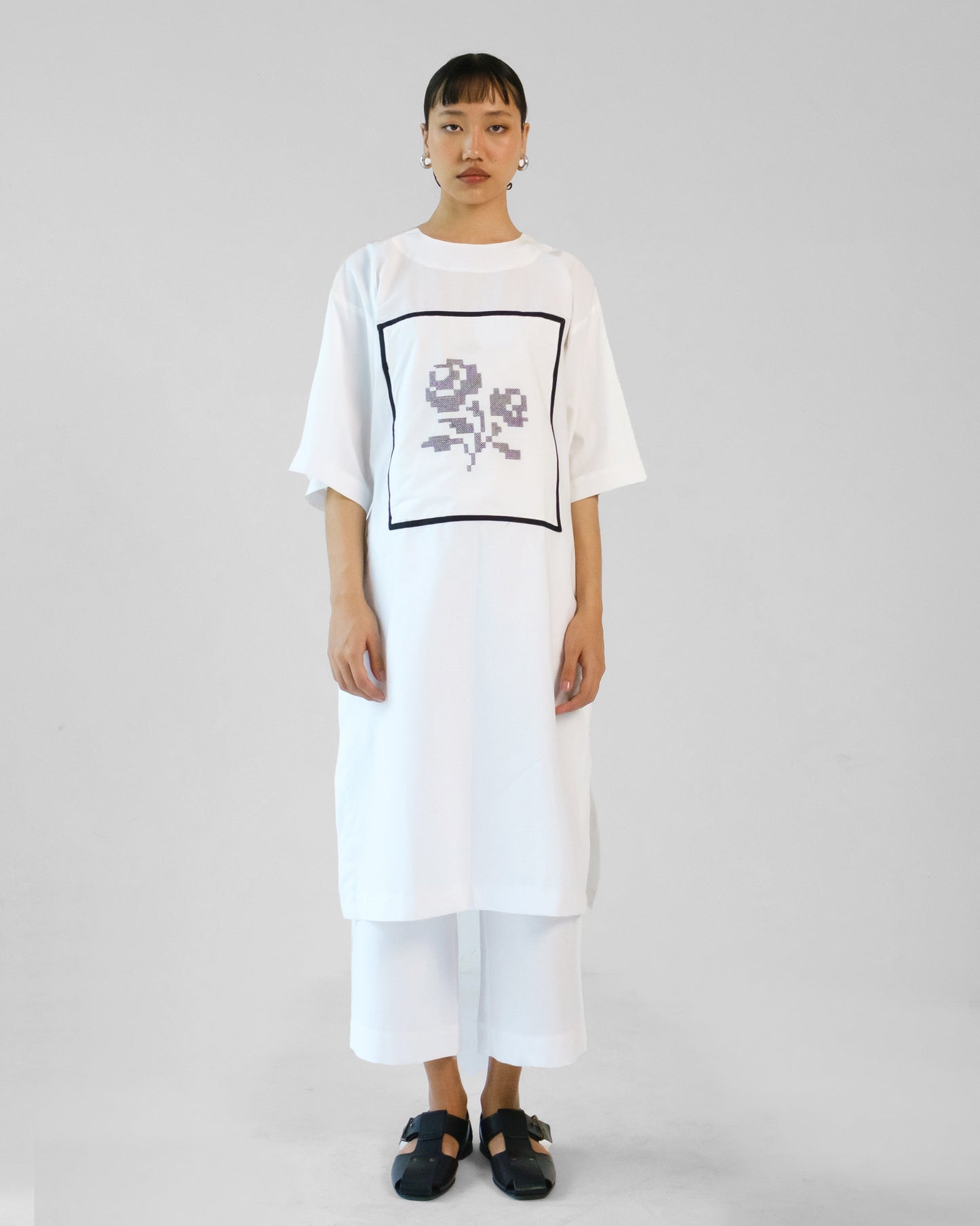 White and Black Cross Stitch Embroidery Cotton Shirt Pant Set of 2