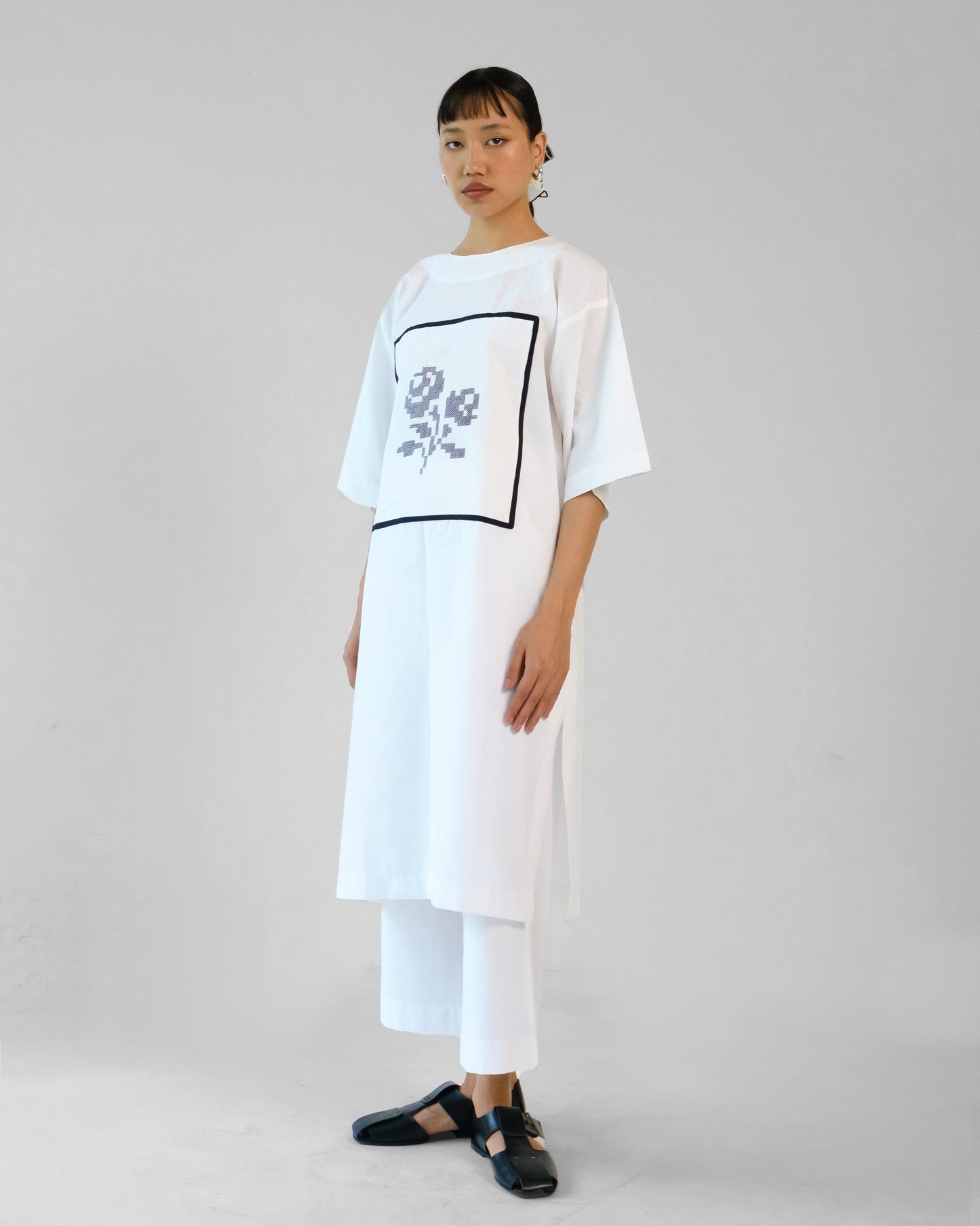 White and Black Cross Stitch Embroidery Cotton Shirt Pant Set of 2