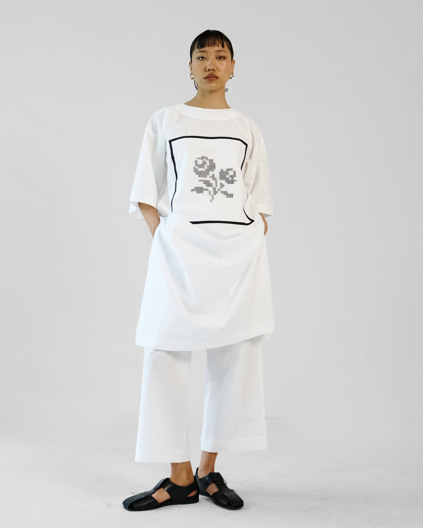 White and Black Cross Stitch Embroidery Cotton Shirt Pant Set of 2