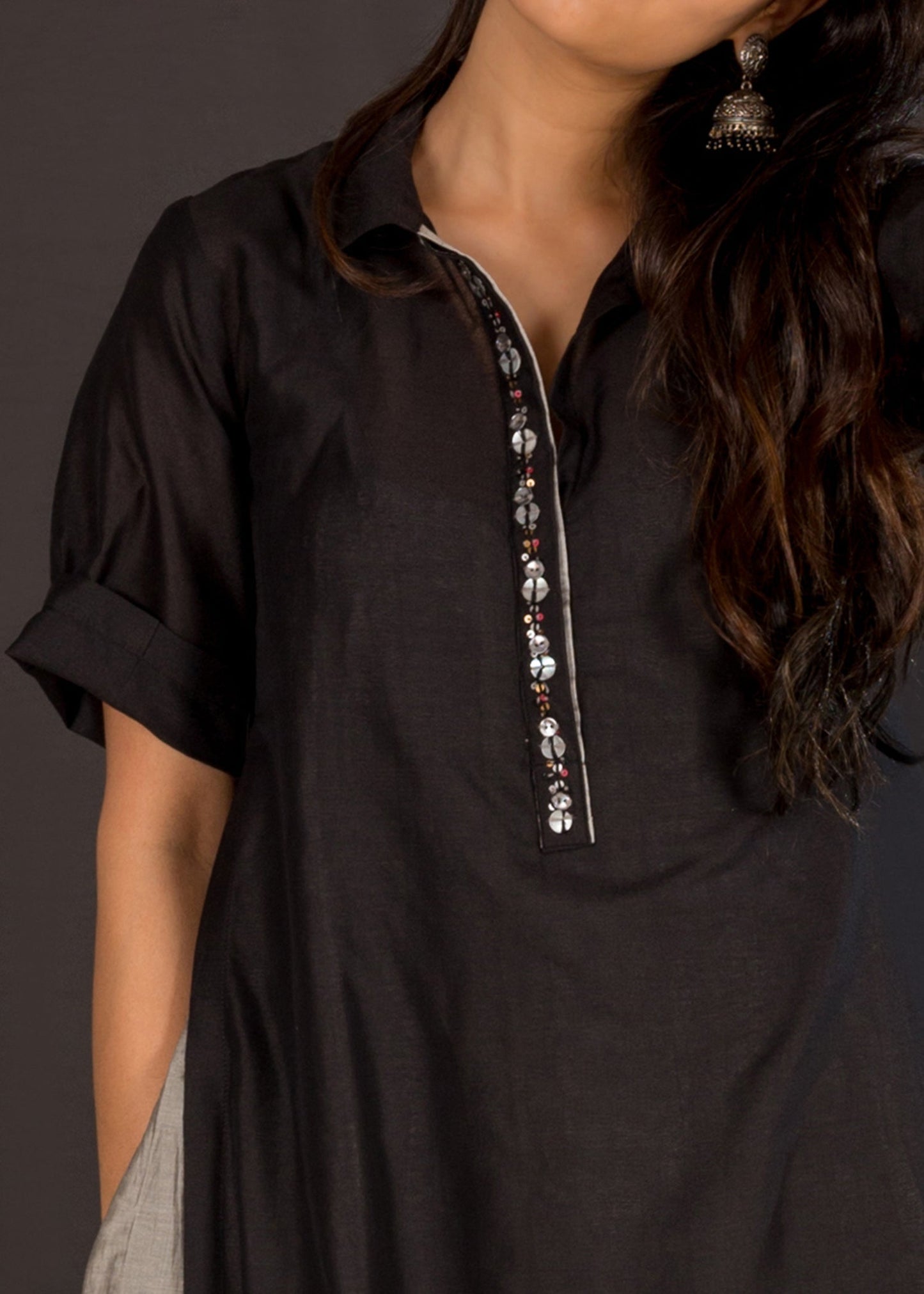 Black Silk Chanderi Kurta with Crushed Grey Silk Chanderi Kalidaar