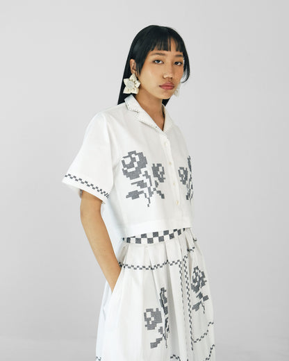 White Cross Stitch Embroidery Cotton Skirt Top Set of 2