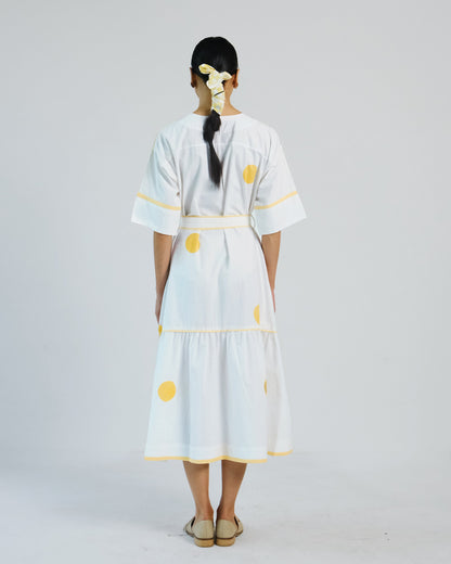 White Yellow Hand block Polka Cotton Belt Dress