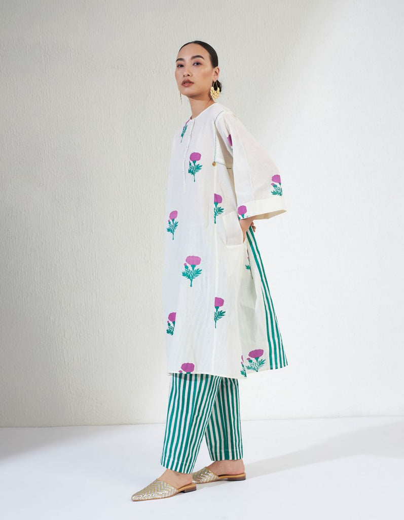 White Block Print Green Stripe Pants Tara Set