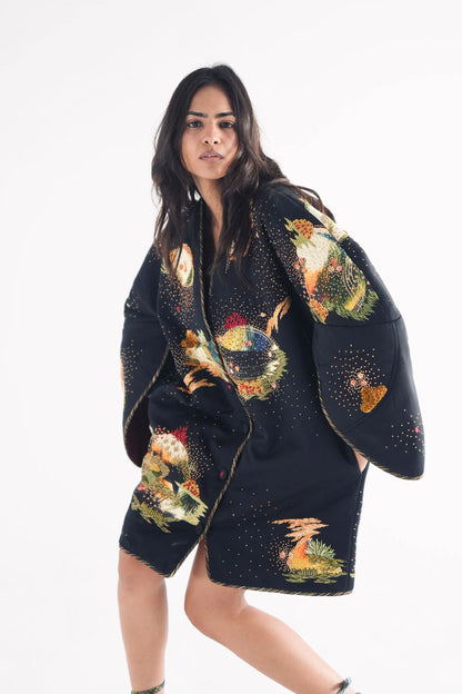 Soot Black Puffer Embroidered Jacket