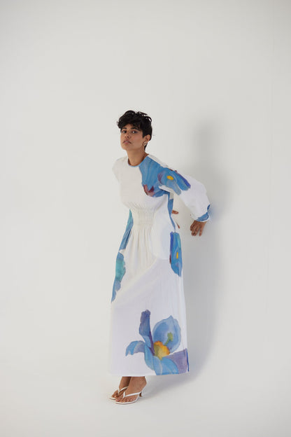 Blue Poppies Pintucks Dress