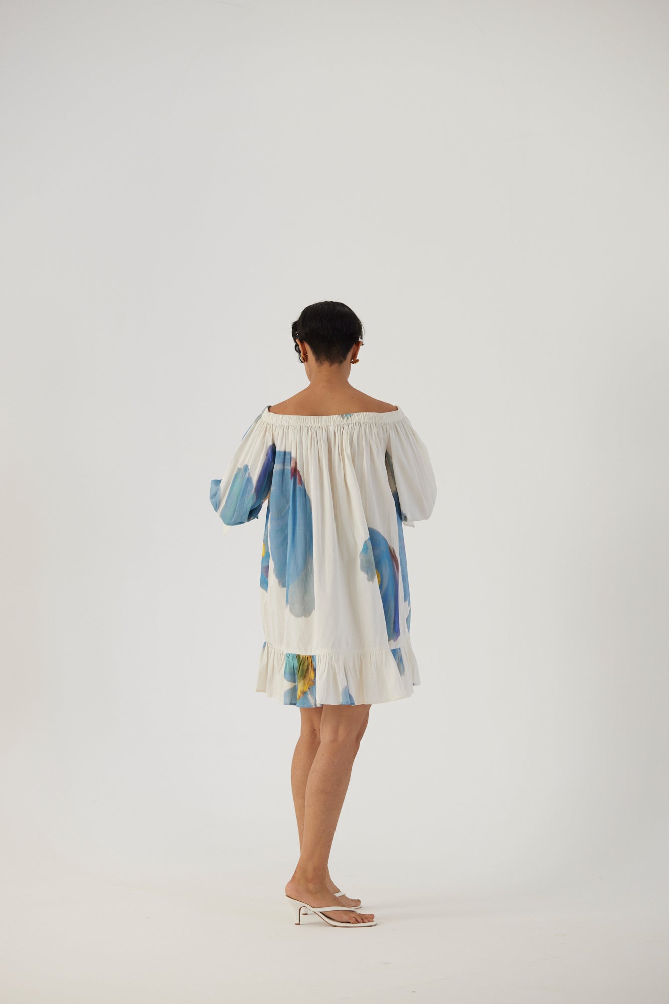 Blue Poppies Off Shoulder Short Dress