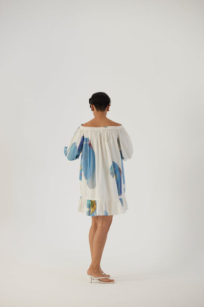 Blue Poppies Off Shoulder Short Dress