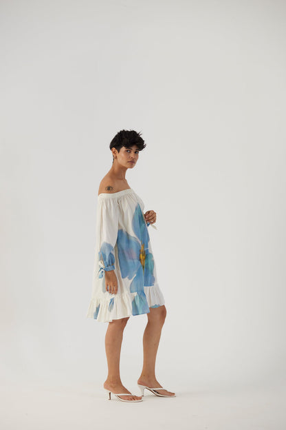 Blue Poppies Off Shoulder Short Dress