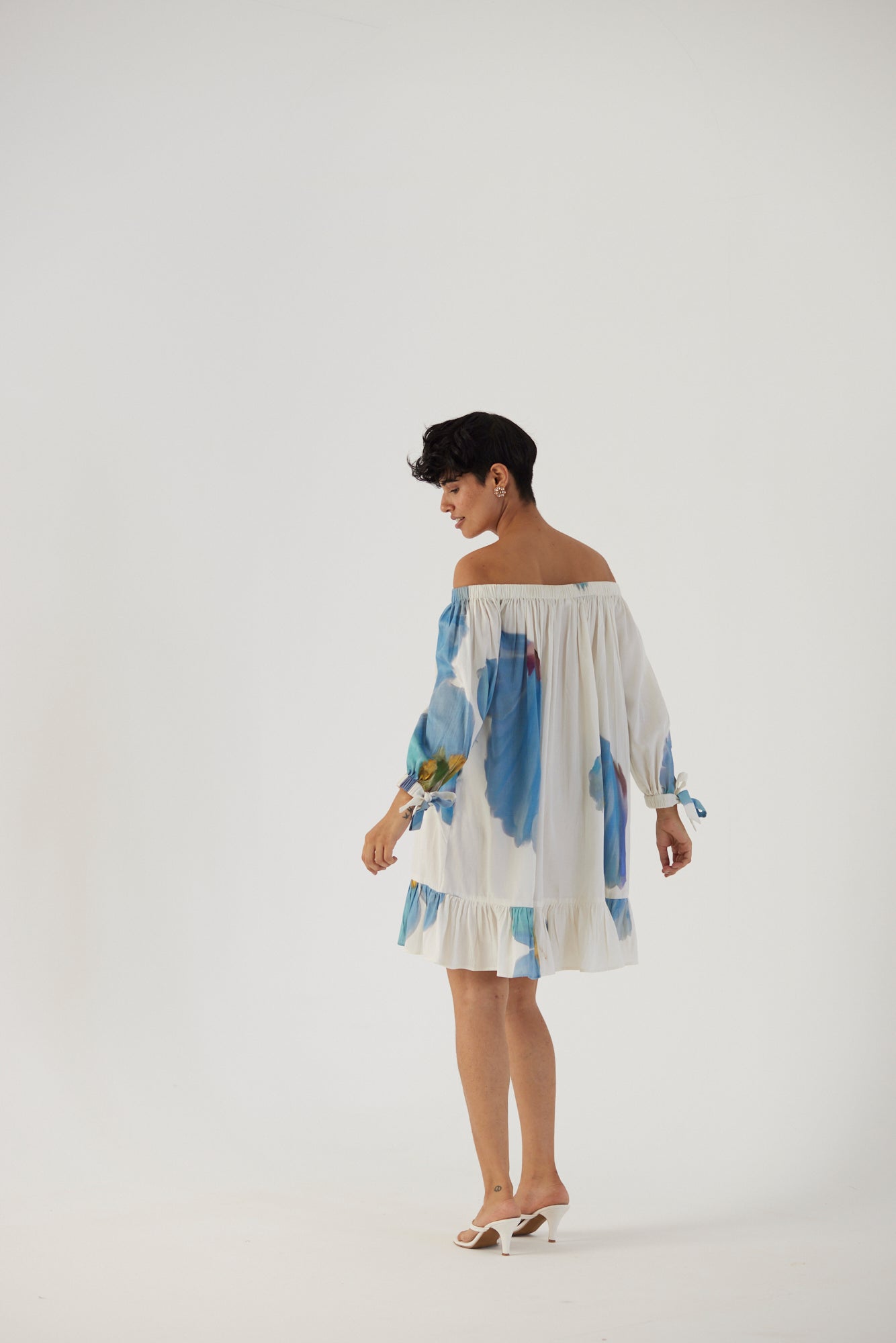 Blue Poppies Off Shoulder Short Dress