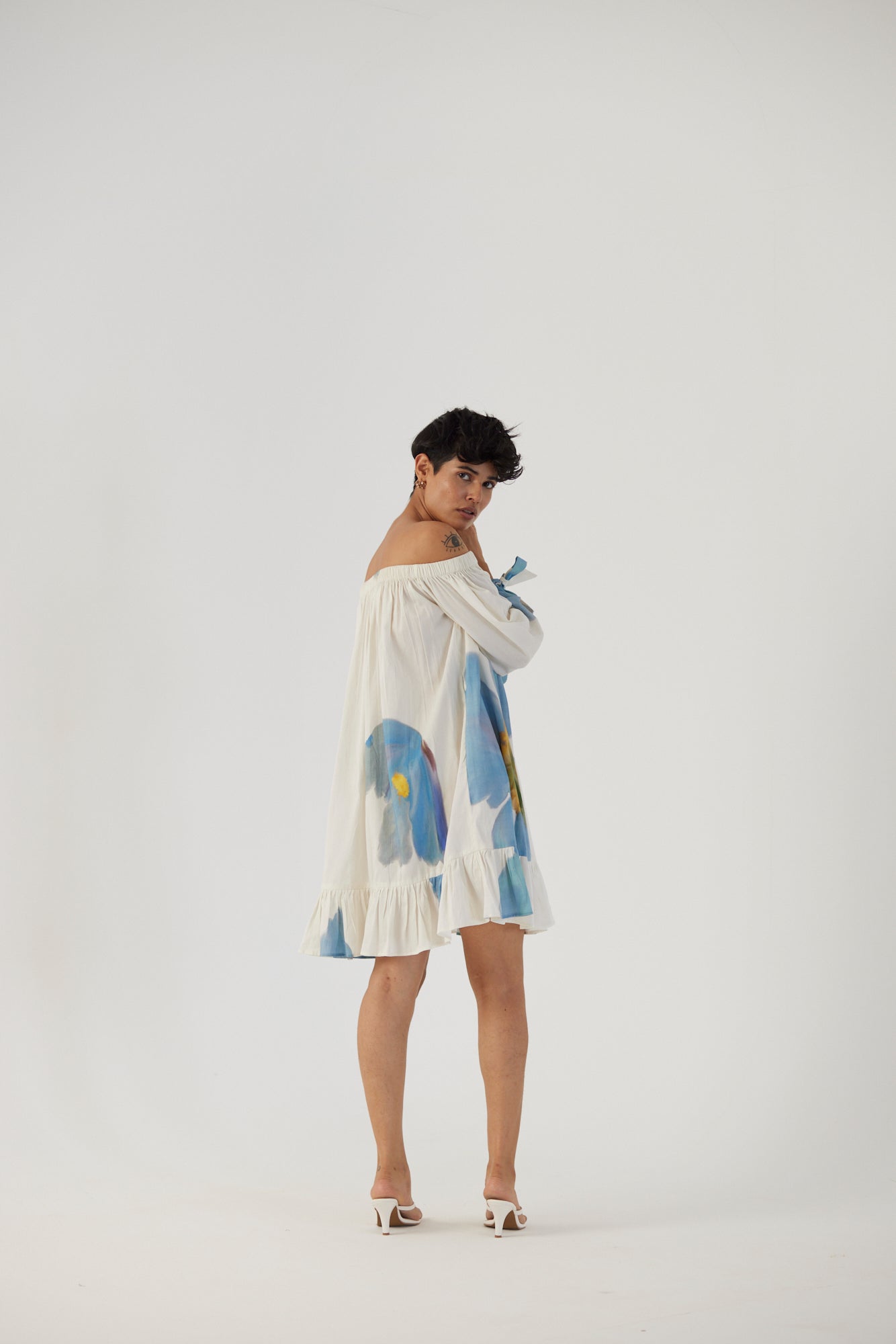 Blue Poppies Off Shoulder Short Dress