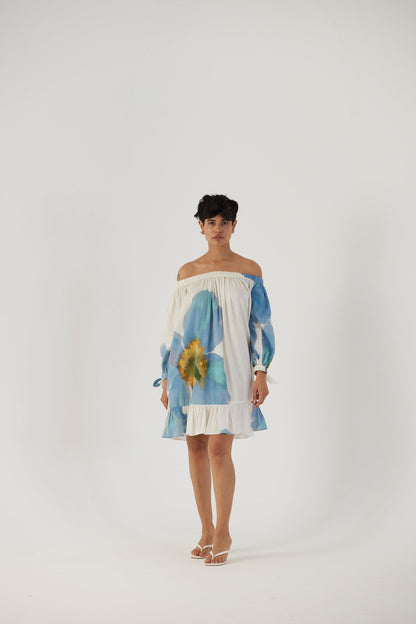 Blue Poppies Off Shoulder Short Dress