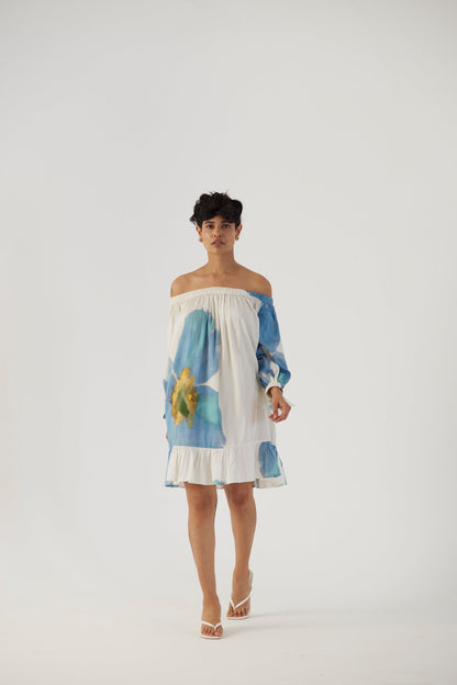 Blue Poppies Off Shoulder Short Dress