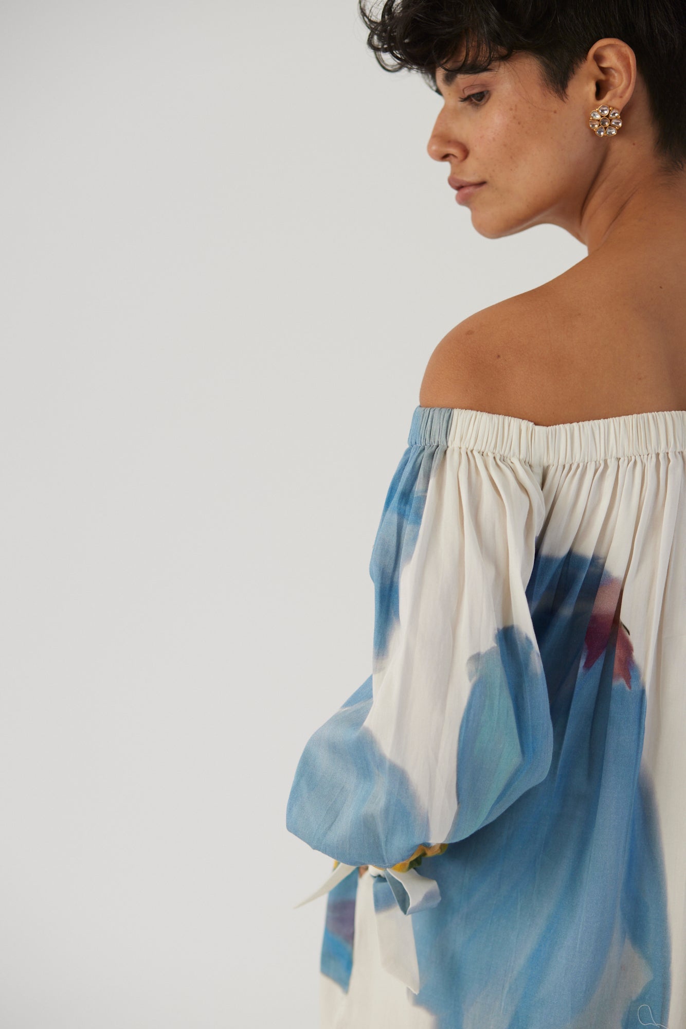 Blue Poppies Off Shoulder Short Dress