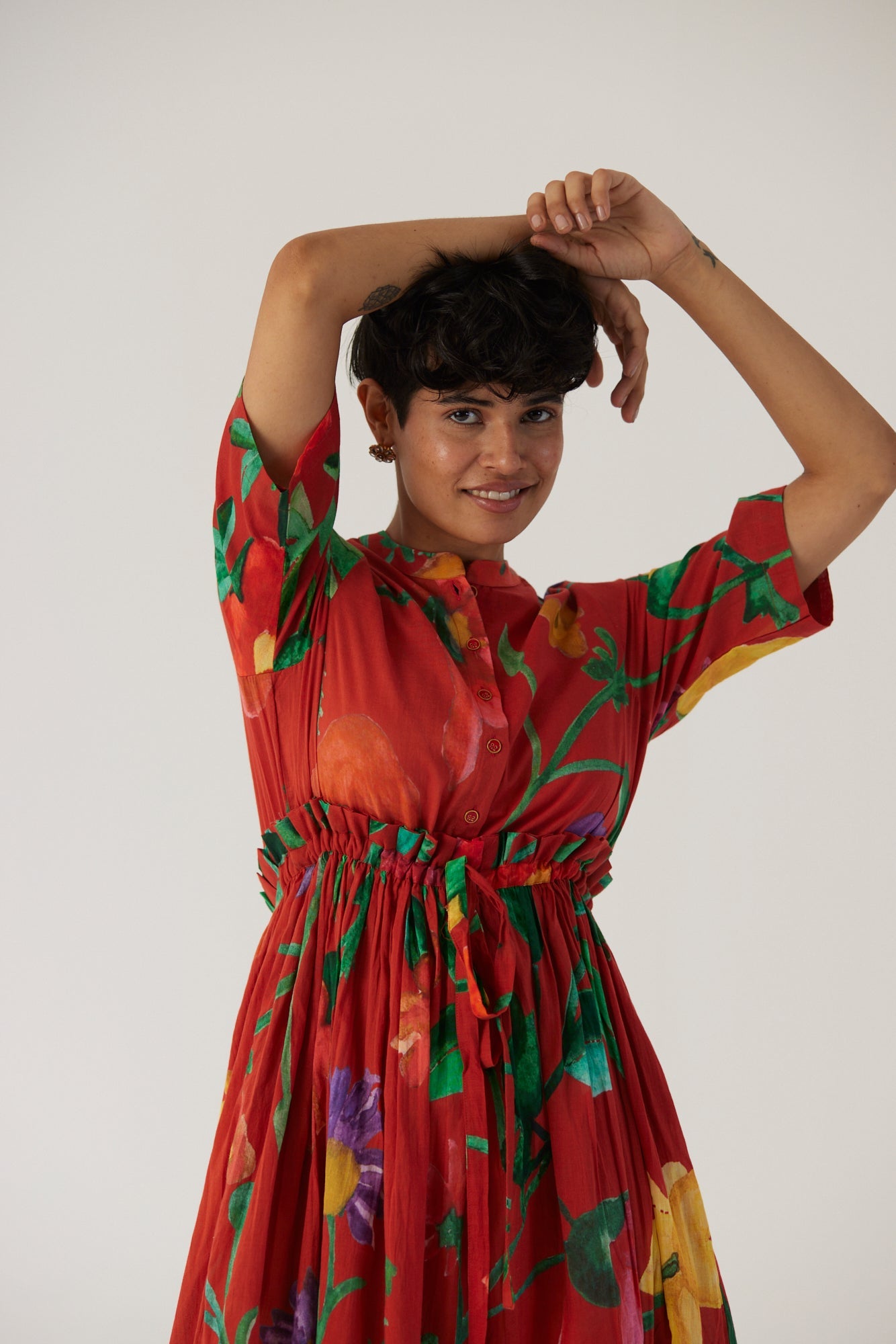 Big Botanical Red Gathered Dress