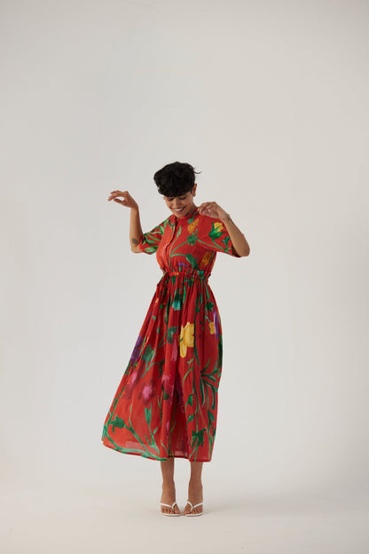 Big Botanical Red Gathered Dress