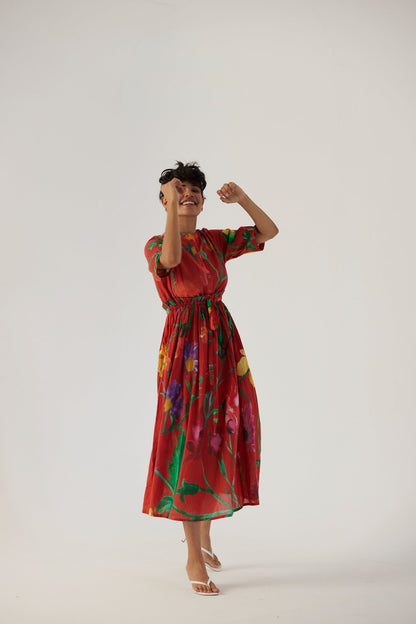 Big Botanical Red Gathered Dress