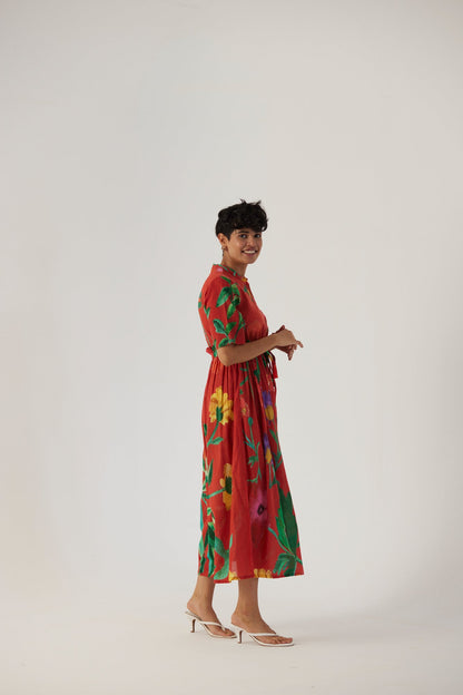 Big Botanical Red Gathered Dress