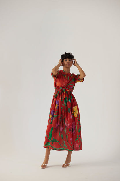 Big Botanical Red Gathered Dress