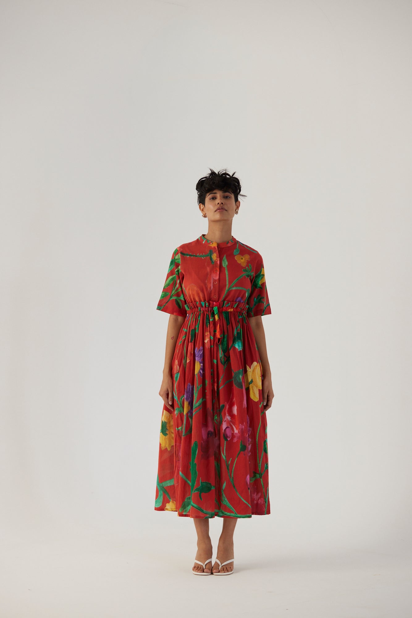 Big Botanical Red Gathered Dress