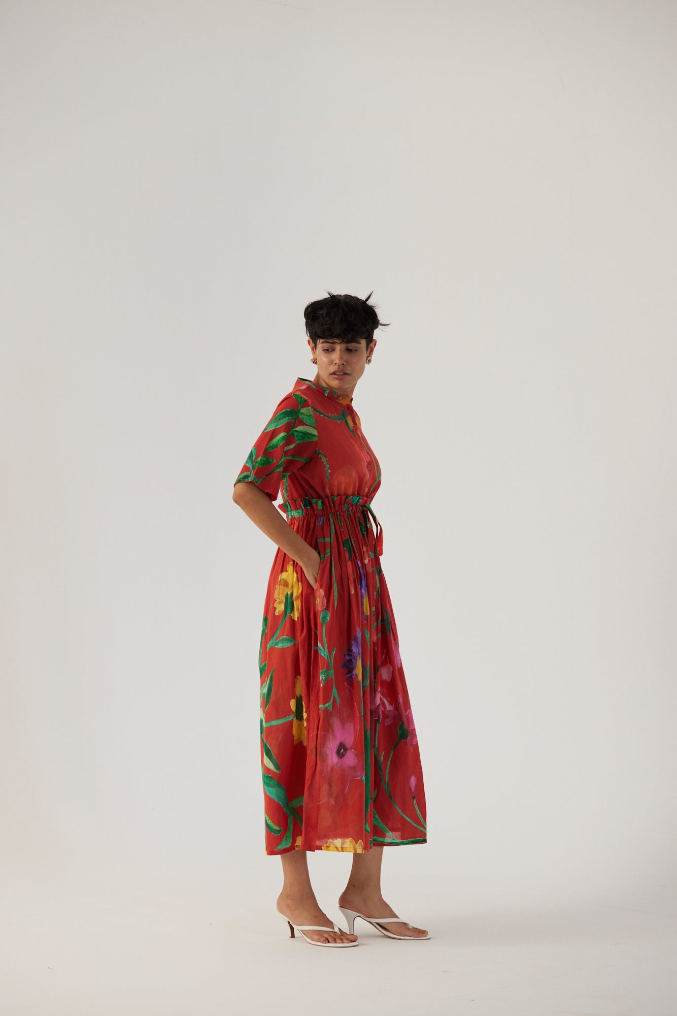 Big Botanical Red Gathered Dress