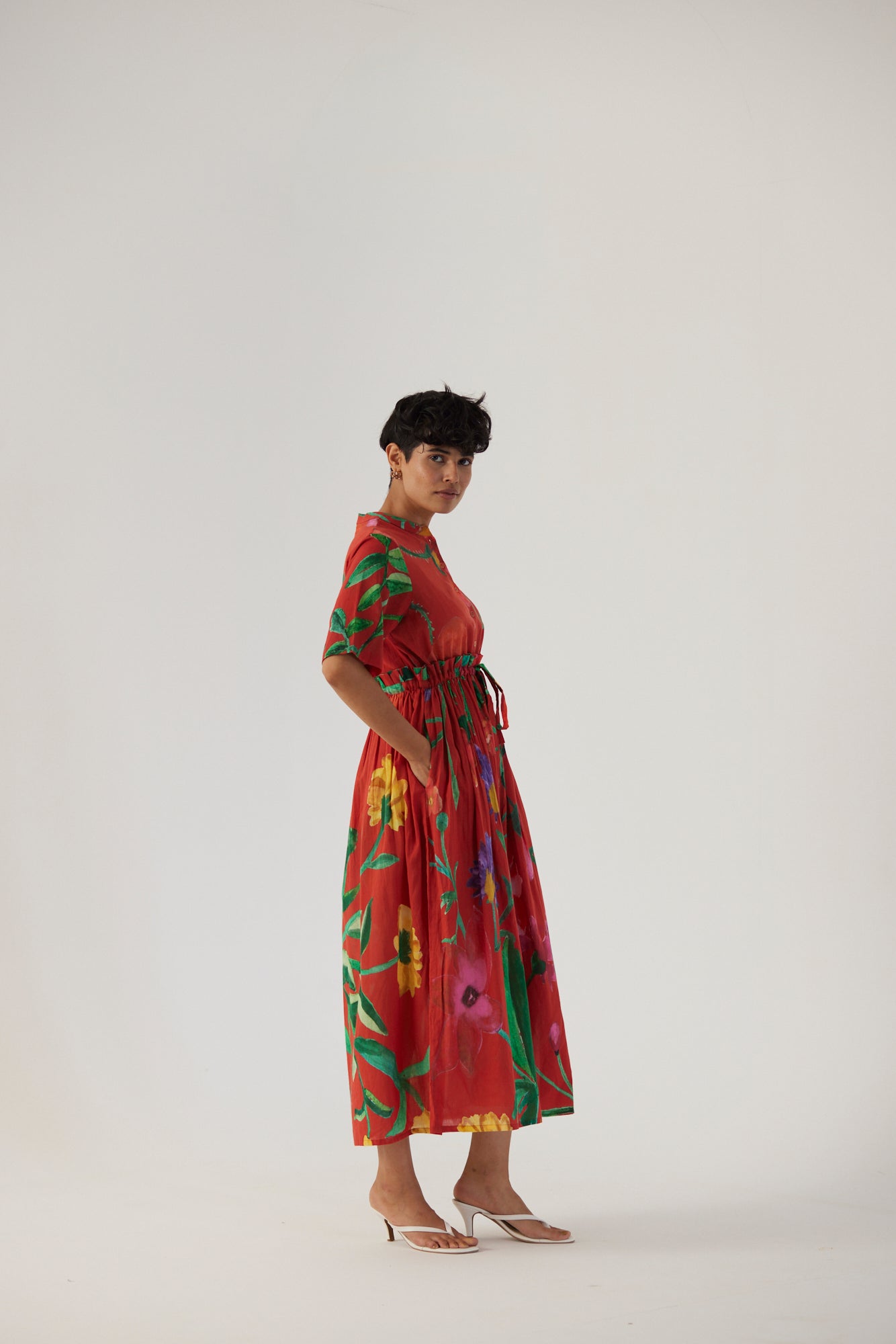 Big Botanical Red Gathered Dress