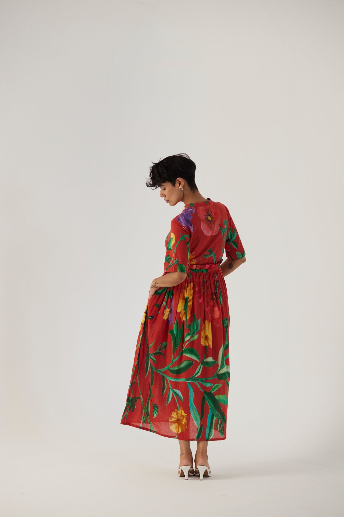 Big Botanical Red Gathered Dress