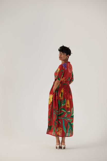 Big Botanical Red Gathered Dress