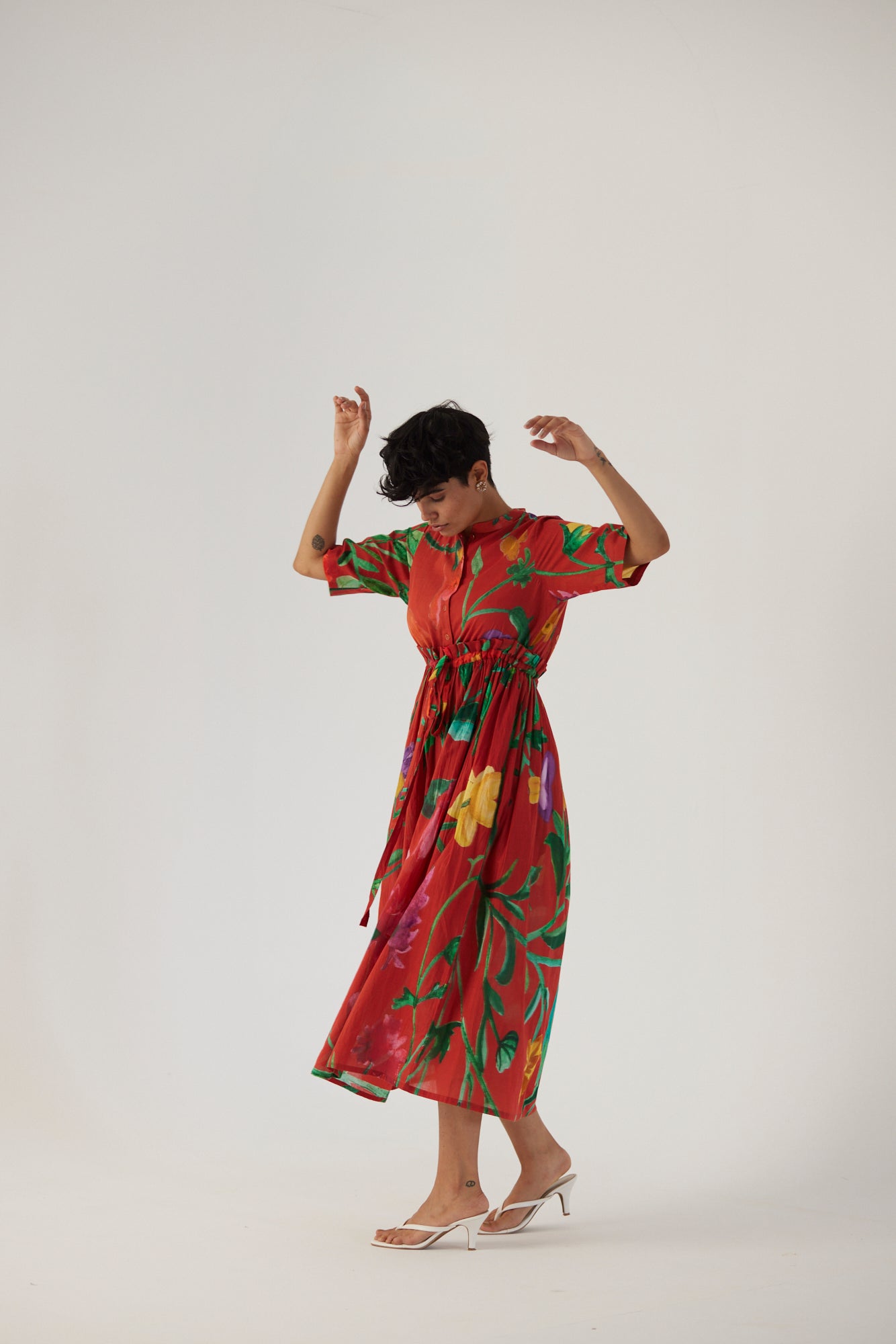 Big Botanical Red Gathered Dress