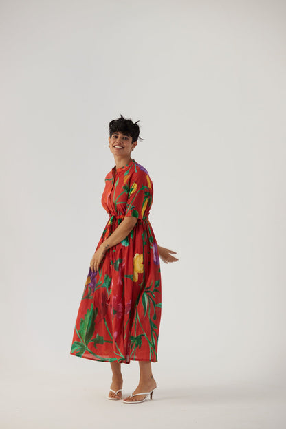 Big Botanical Red Gathered Dress