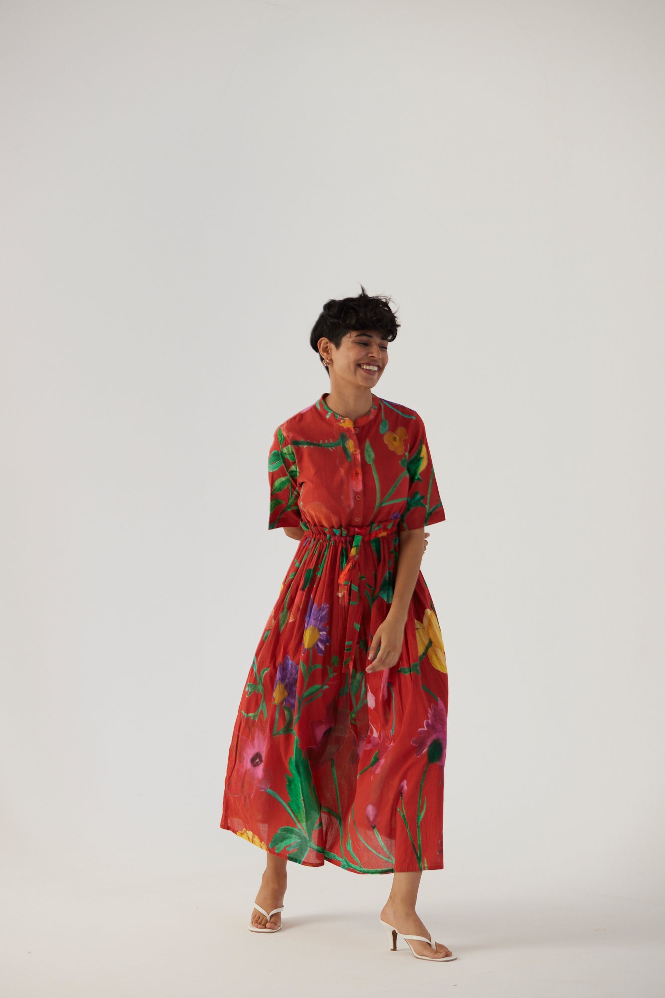 Big Botanical Red Gathered Dress