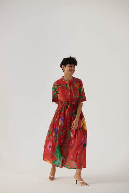 Big Botanical Red Gathered Dress