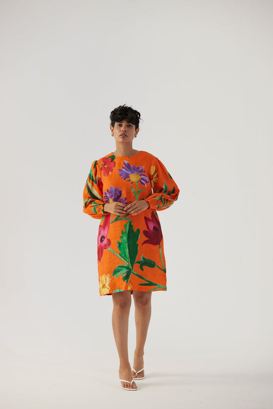 Big Botanical Orange Linen Short Dress