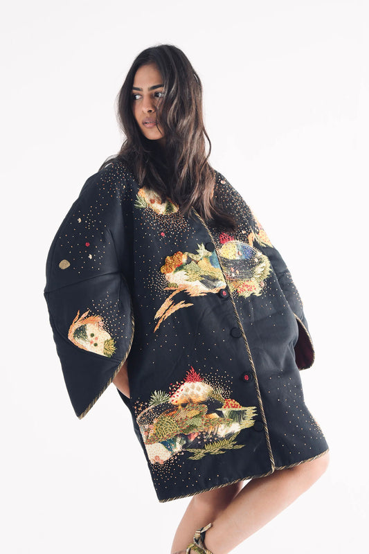 Soot Black Puffer Embroidered Jacket