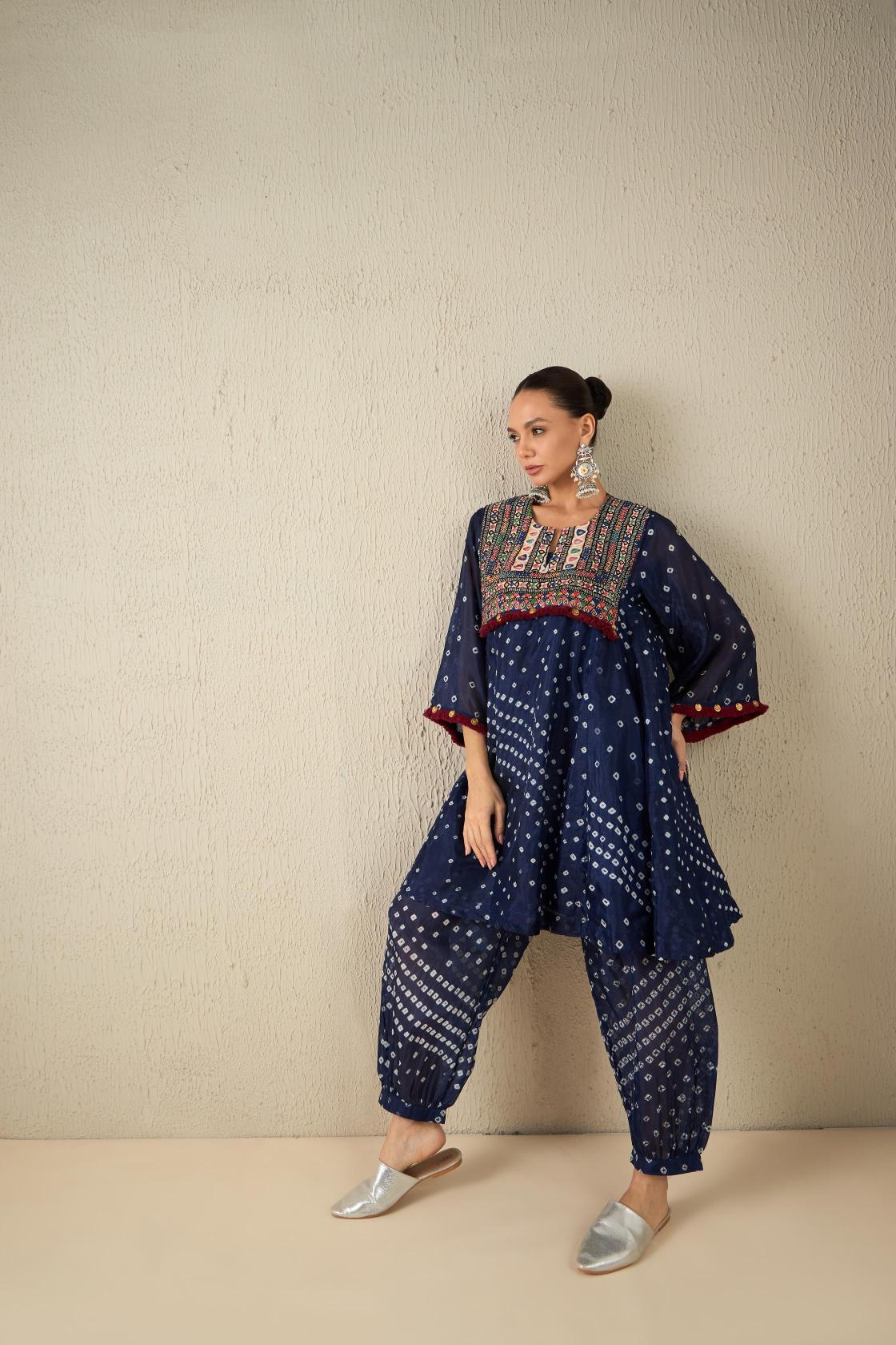 Afghani Bandhani Set (Navy Blue)