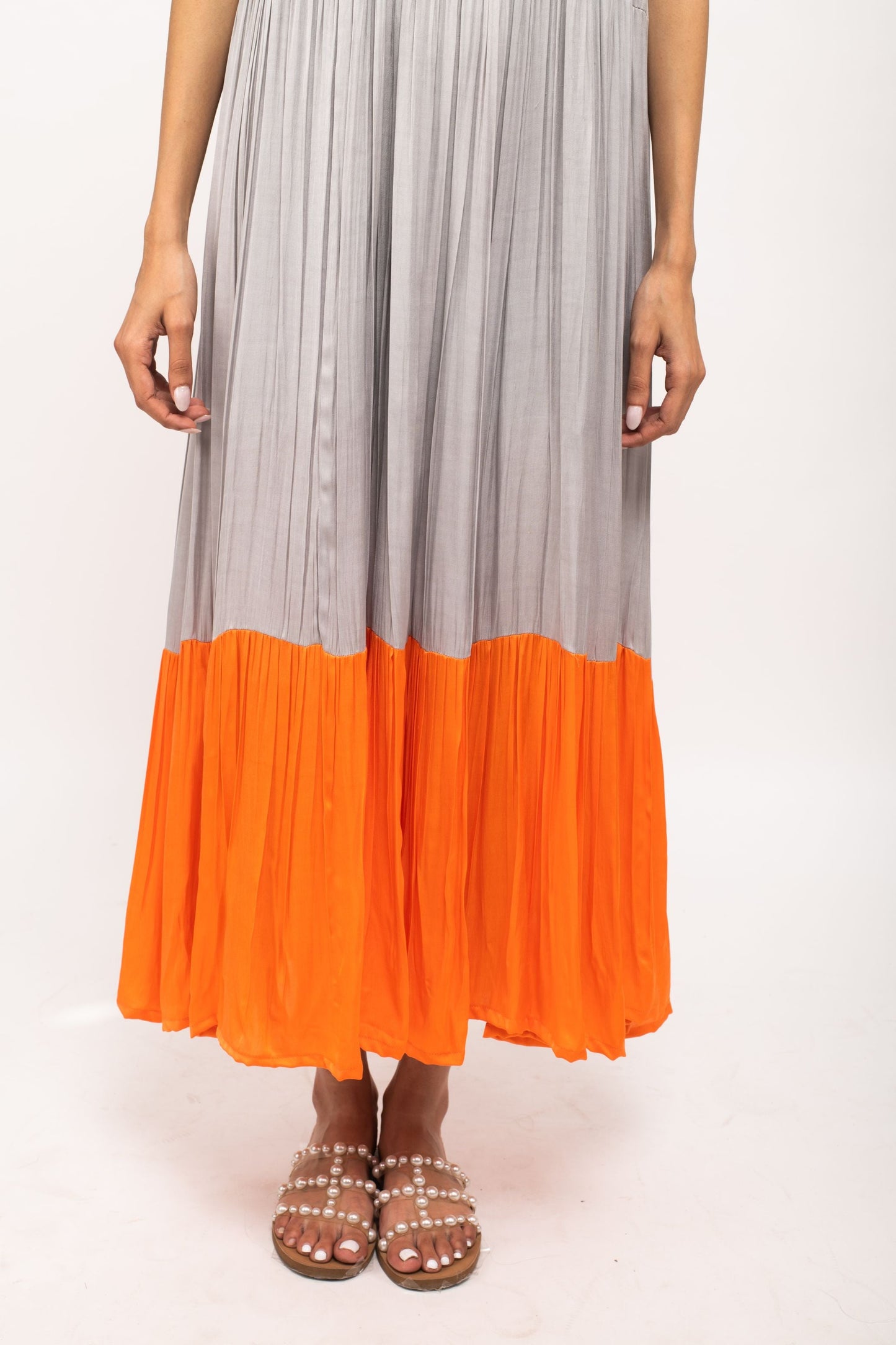 Grey-Orange Halter Neck Dress