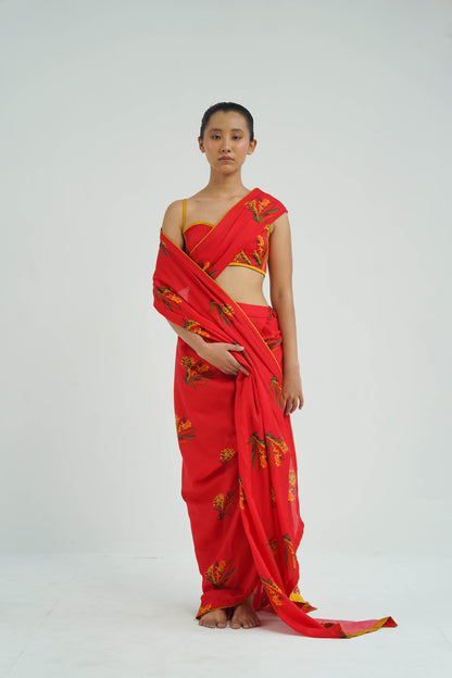 Red Firefly Pre Draped Saree With Blouse