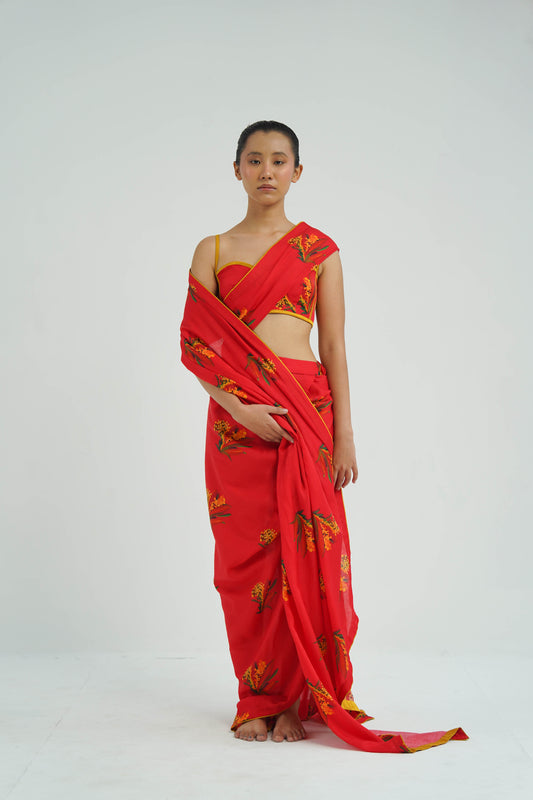 Red Firefly Pre Draped Saree With Blouse
