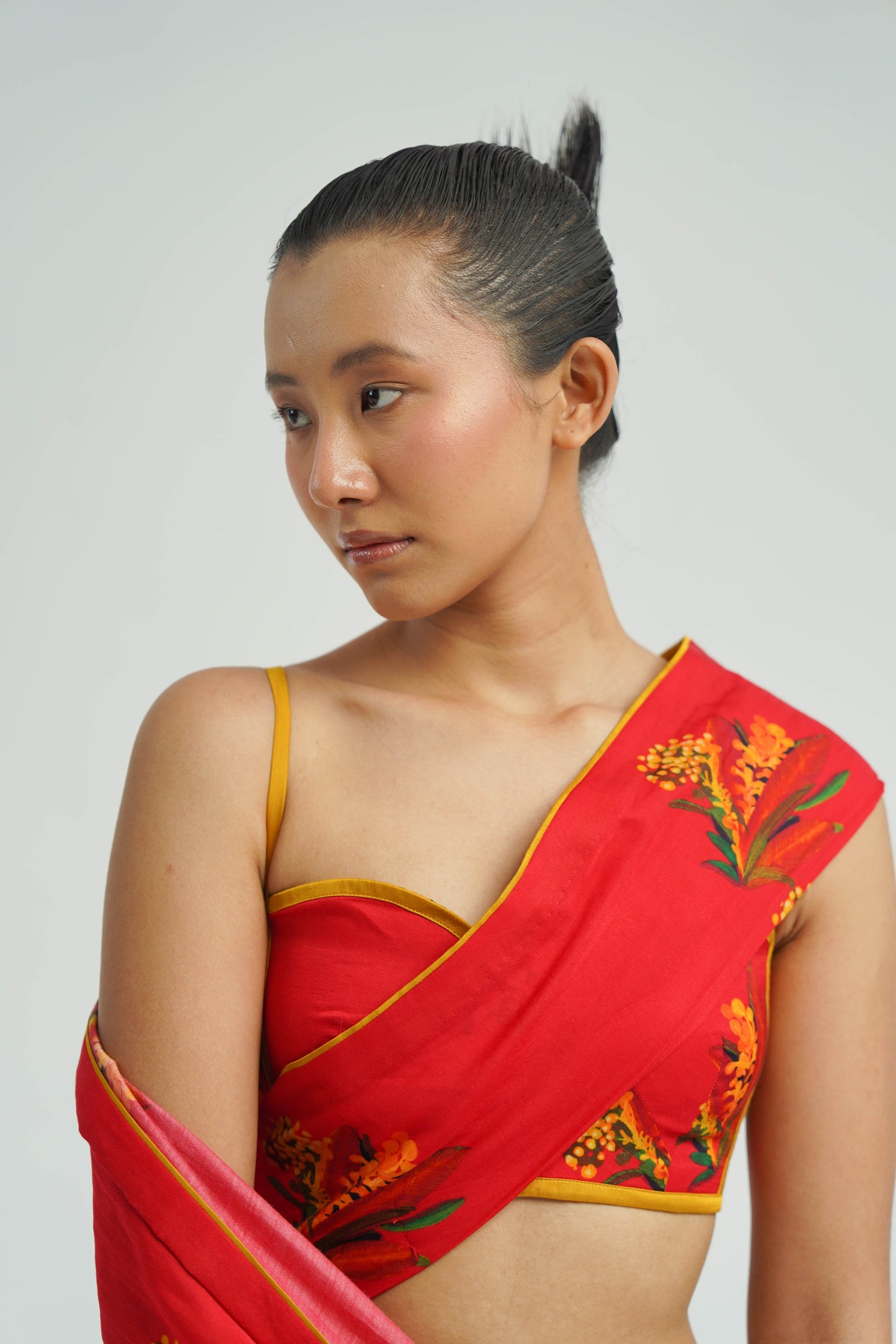 Red Firefly Pre Draped Saree With Blouse