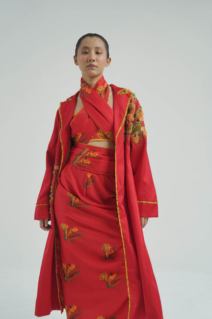 Red Firefly Pre Draped Saree With Blouse