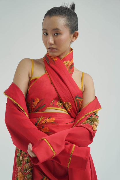 Red Firefly Pre Draped Saree With Blouse