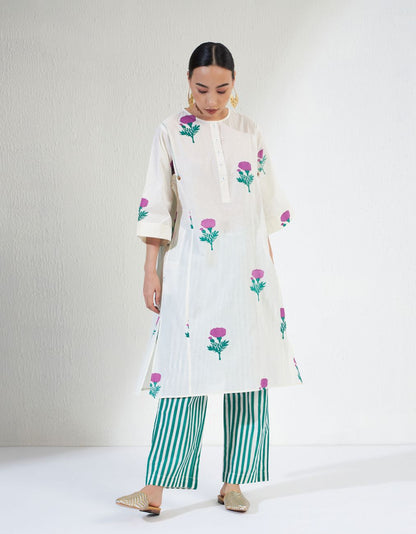 White Block Print Green Stripe Pants Tara Set