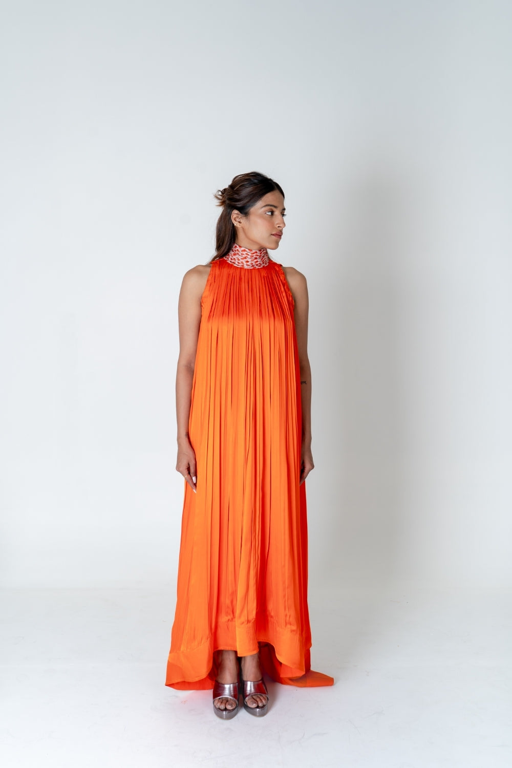 Orange-Pink Braided Halter Neck Gather Gown