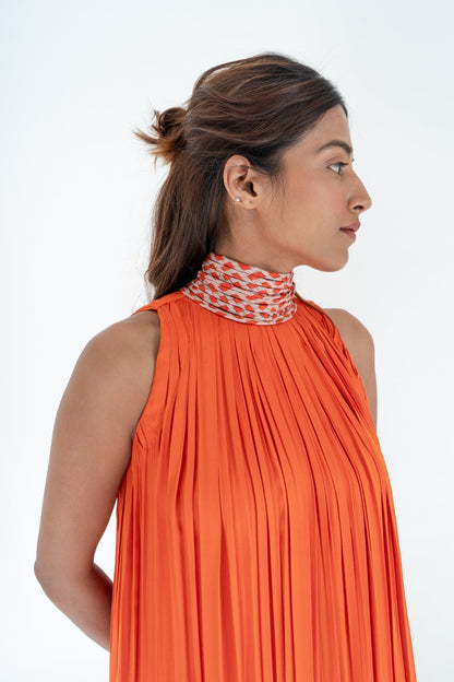 Orange-Pink Braided Halter Neck Gather Gown