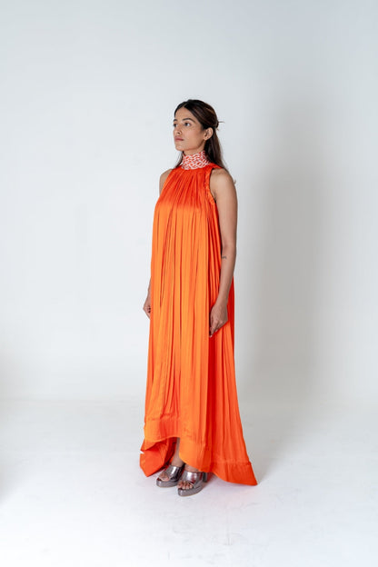 Orange-Pink Braided Halter Neck Gather Gown