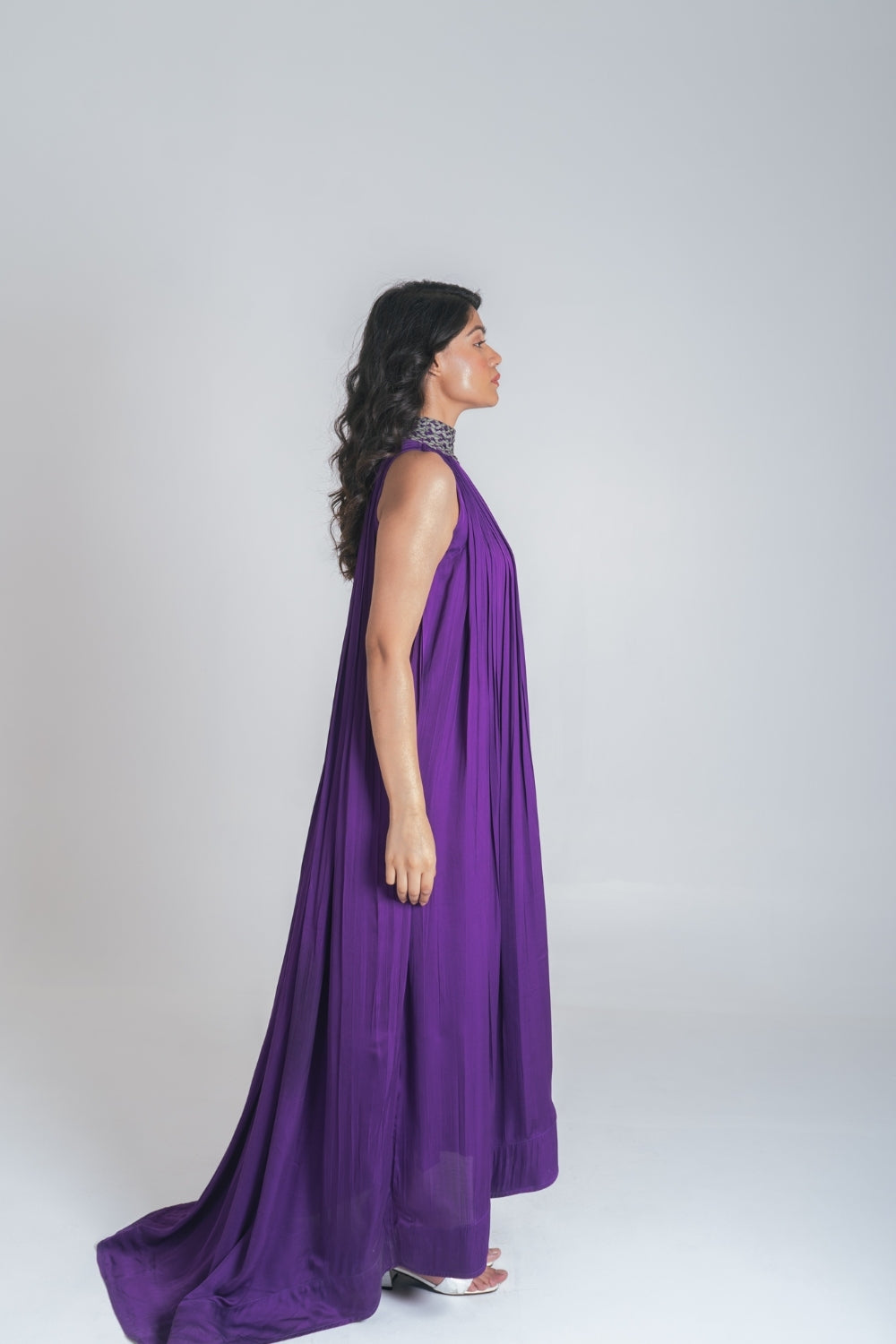 Purple-Green Braided Halter Neck Gather Gown