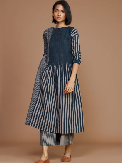 Grey with Charcoal Striped Pleated Dress