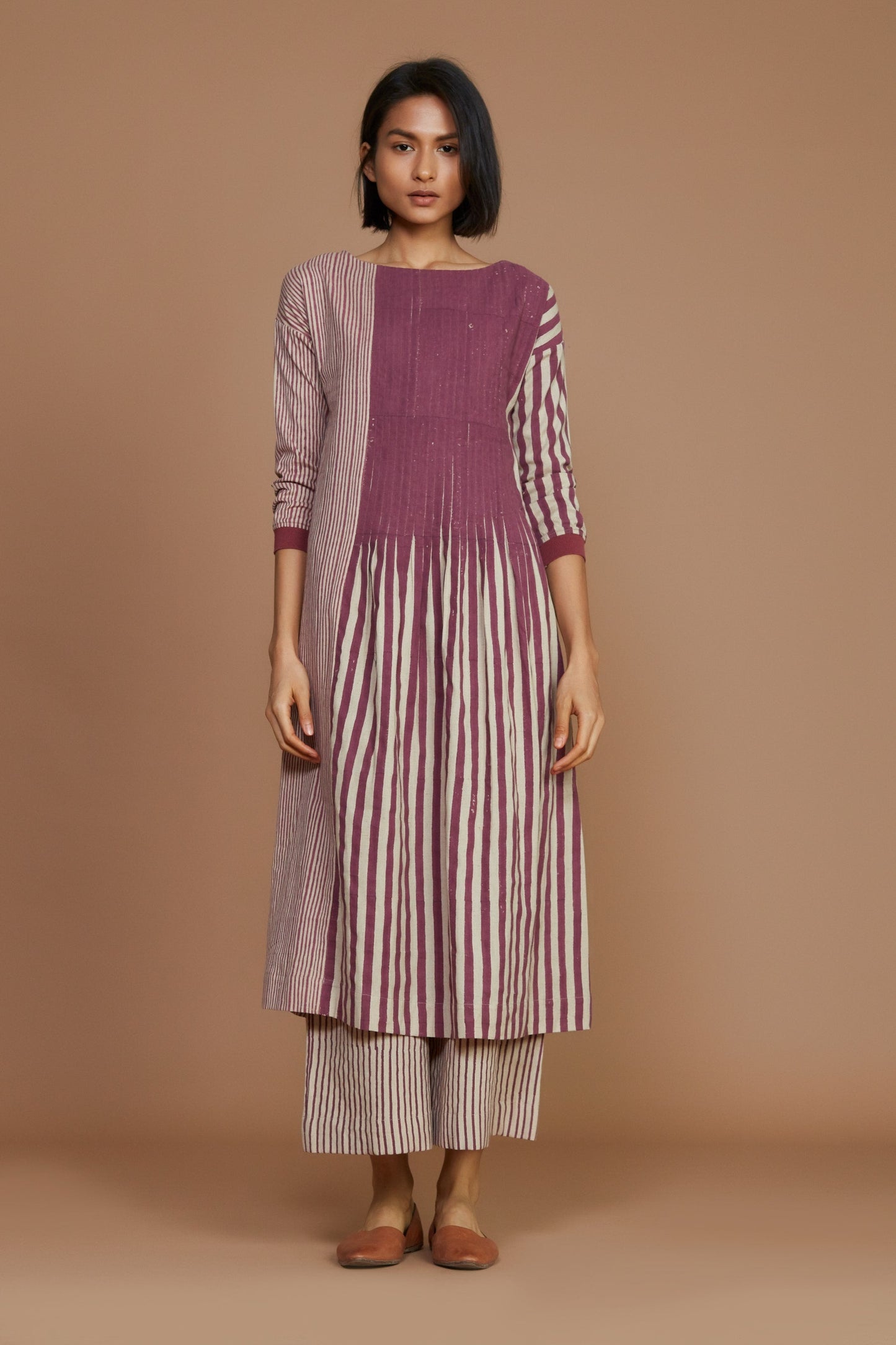 Ivory With Mauve Striped Pleated Dress