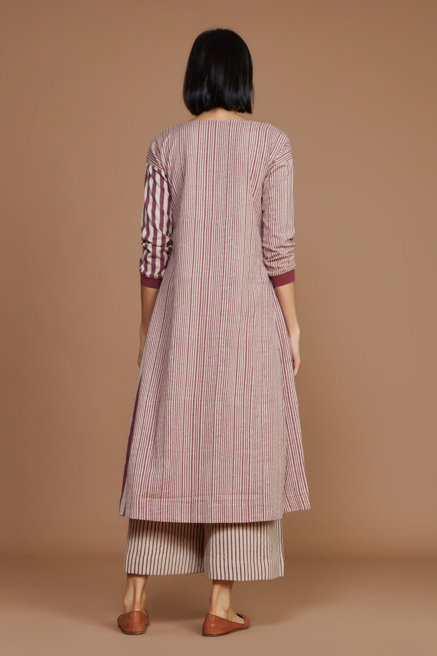 Ivory With Mauve Striped Pleated Dress